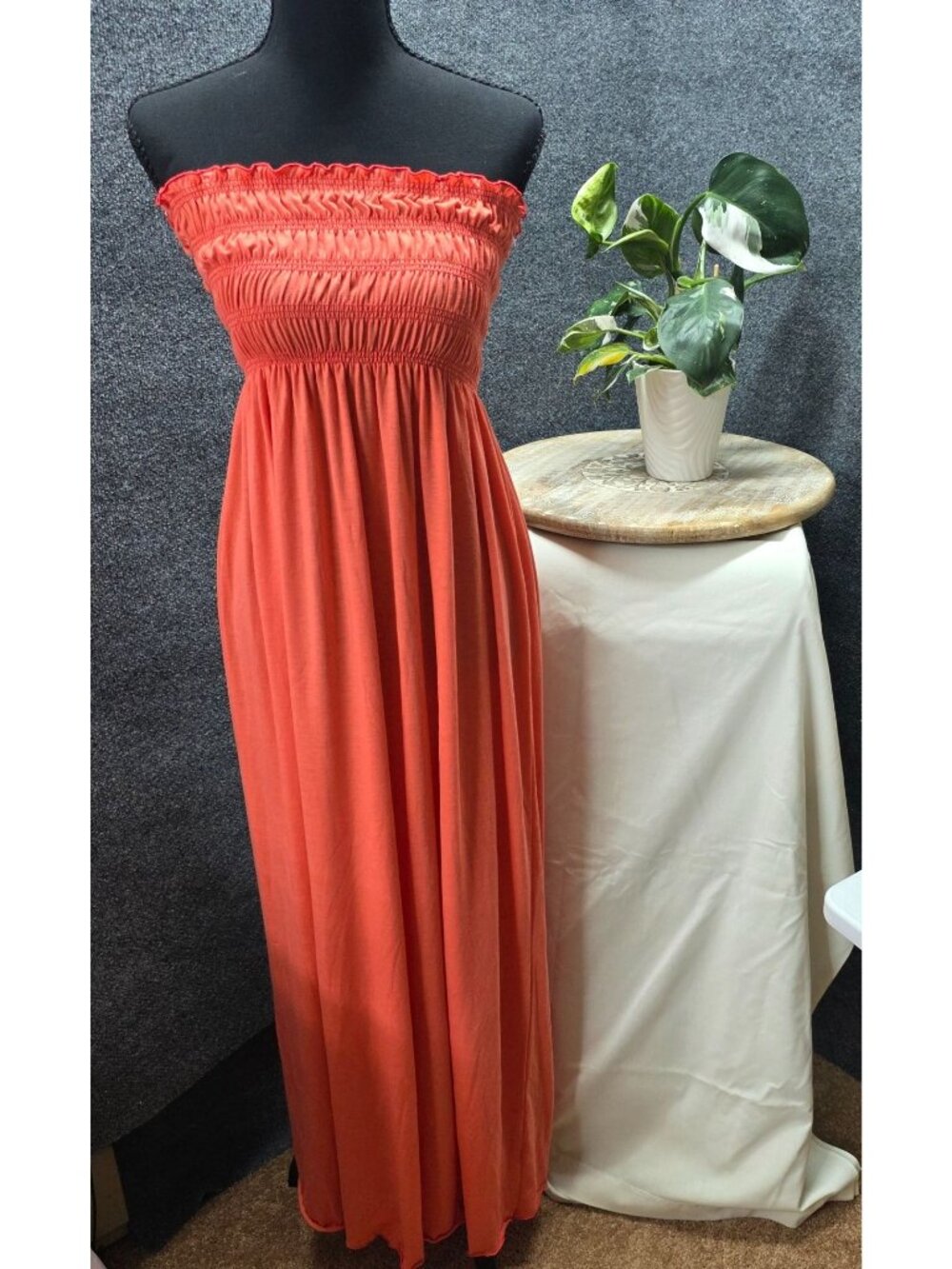 Espresso Strapless Tube Maxi Dress S Orange Smocked Vibrant Colorful Vacation